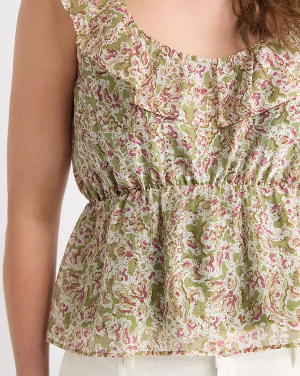 Sleeveless U-Neck Empire-Cut Blouse with Ruffles