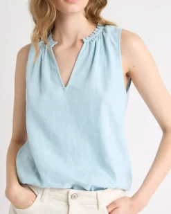 Sleeveless V-Neck Linen-Blend Blouse