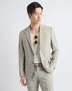 Slim-Fit Checkered Beige Suit Blazer