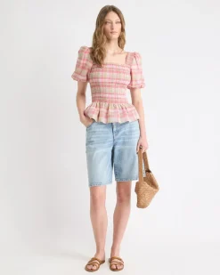 Smocked Peplum Blouse with Short Puffy Sleeves