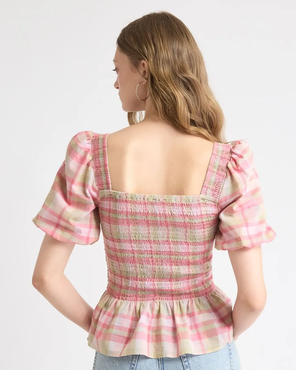Smocked Peplum Blouse with Short Puffy Sleeves