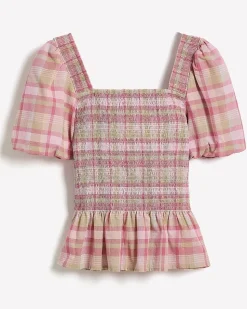 Smocked Peplum Blouse with Short Puffy Sleeves