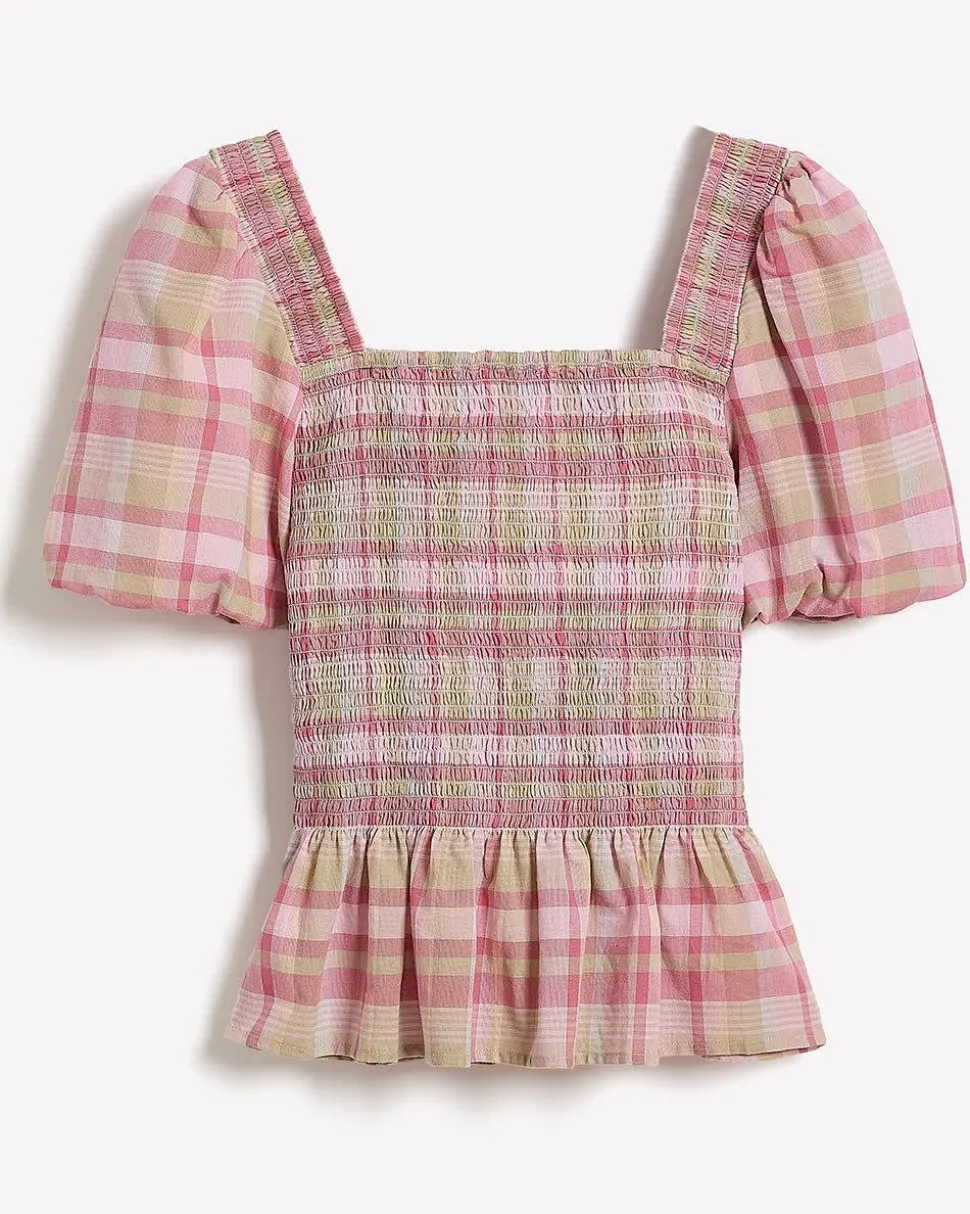 Smocked Peplum Blouse with Short Puffy Sleeves