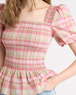 Smocked Peplum Blouse with Short Puffy Sleeves