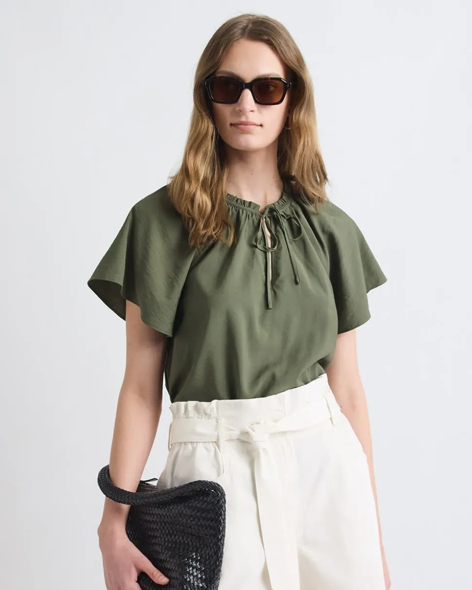 Split-Neck Blouse with Short Flutter Sleeves