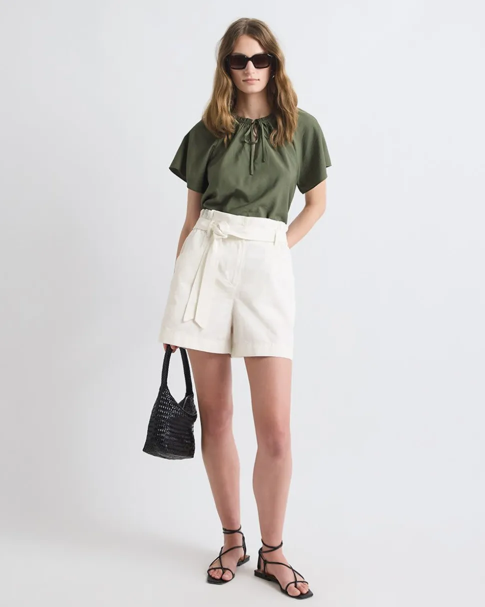 Split-Neck Blouse with Short Flutter Sleeves