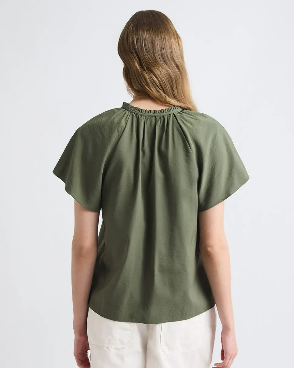 Split-Neck Blouse with Short Flutter Sleeves