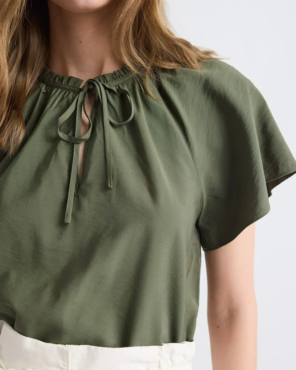 Split-Neck Blouse with Short Flutter Sleeves