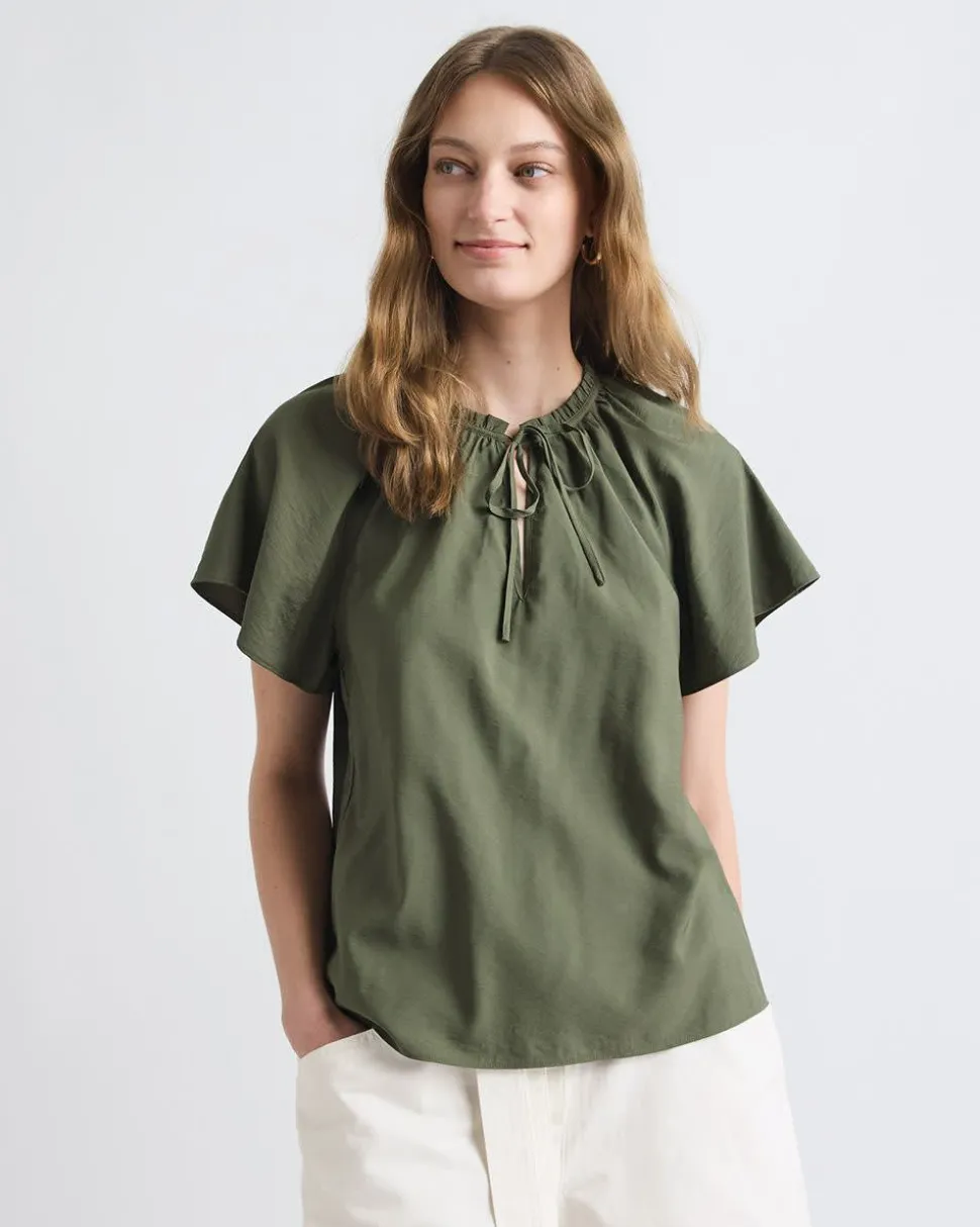 Split-Neck Blouse with Short Flutter Sleeves