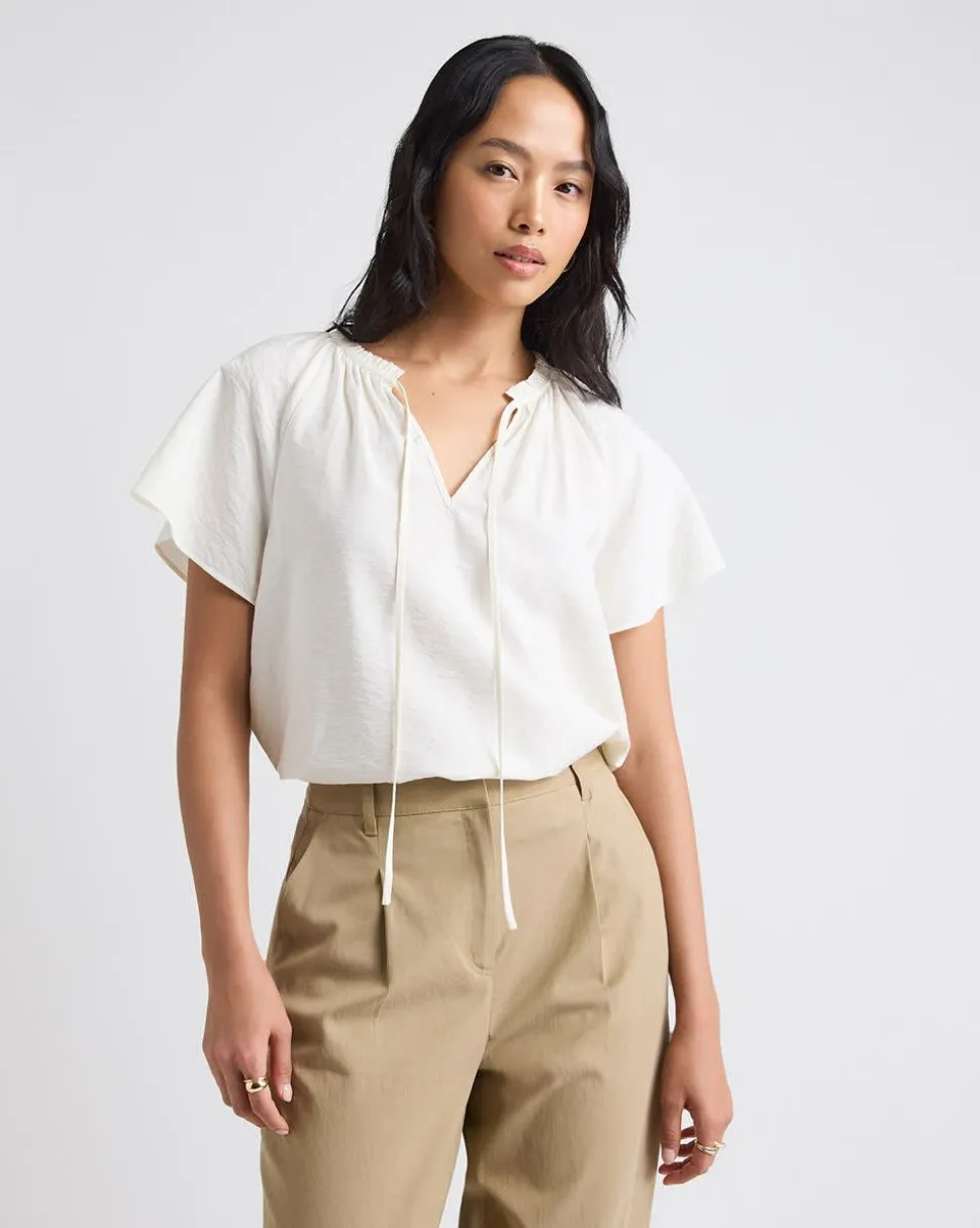 Split-Neck Blouse with Short Flutter Sleeves