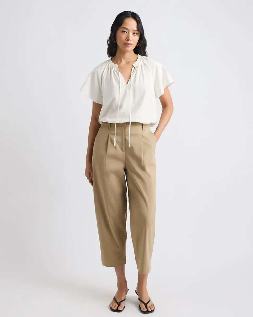 Split-Neck Blouse with Short Flutter Sleeves