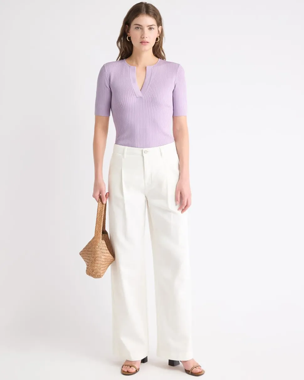 Split-Neck Elbow-Sleeve Ribbed Sweater