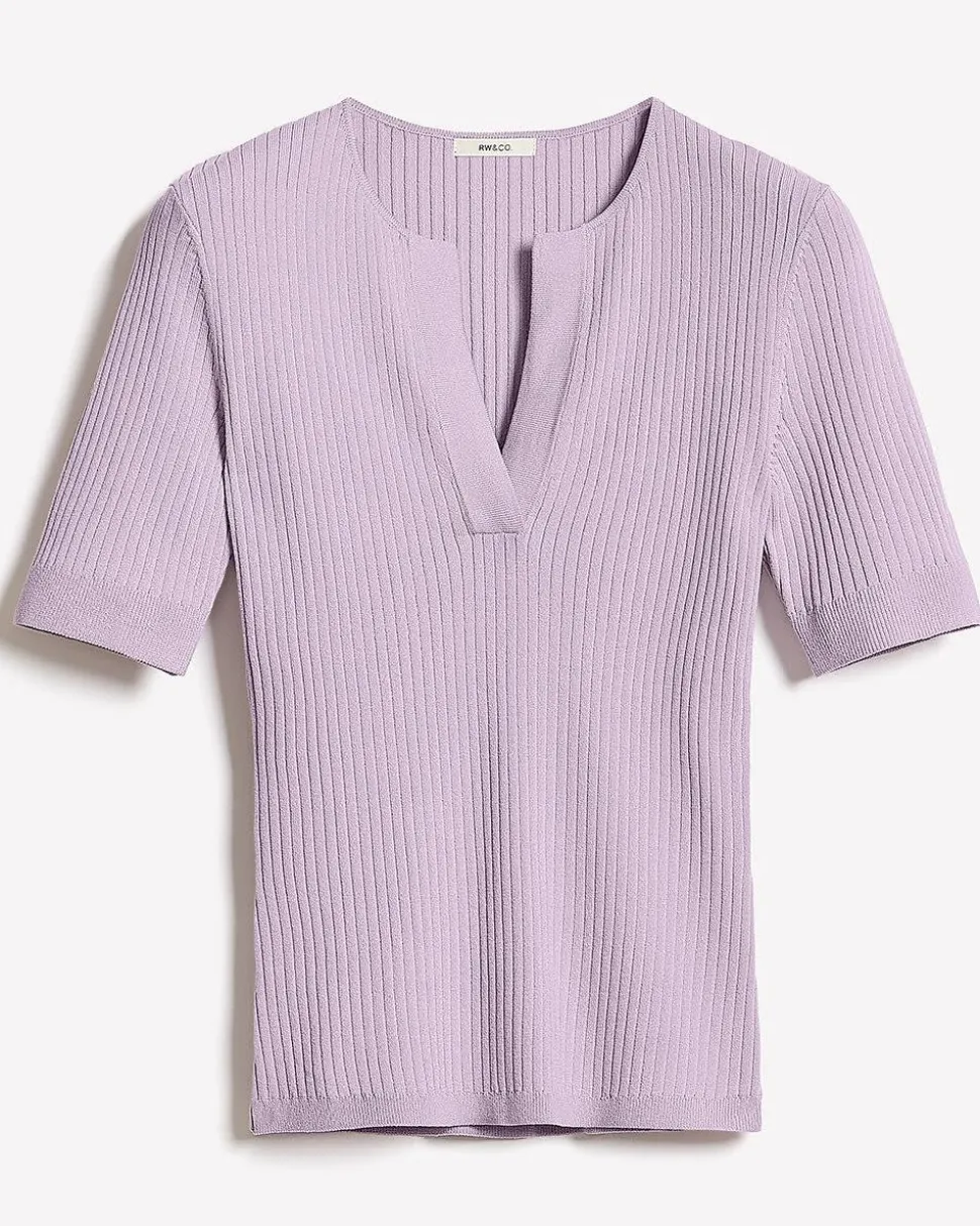 Split-Neck Elbow-Sleeve Ribbed Sweater