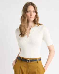 Split-Neck Elbow-Sleeve Ribbed Sweater