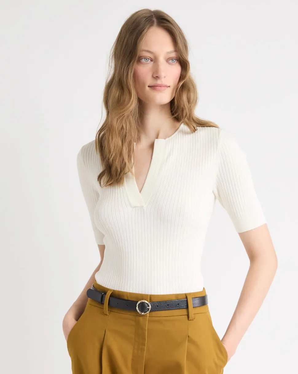Split-Neck Elbow-Sleeve Ribbed Sweater