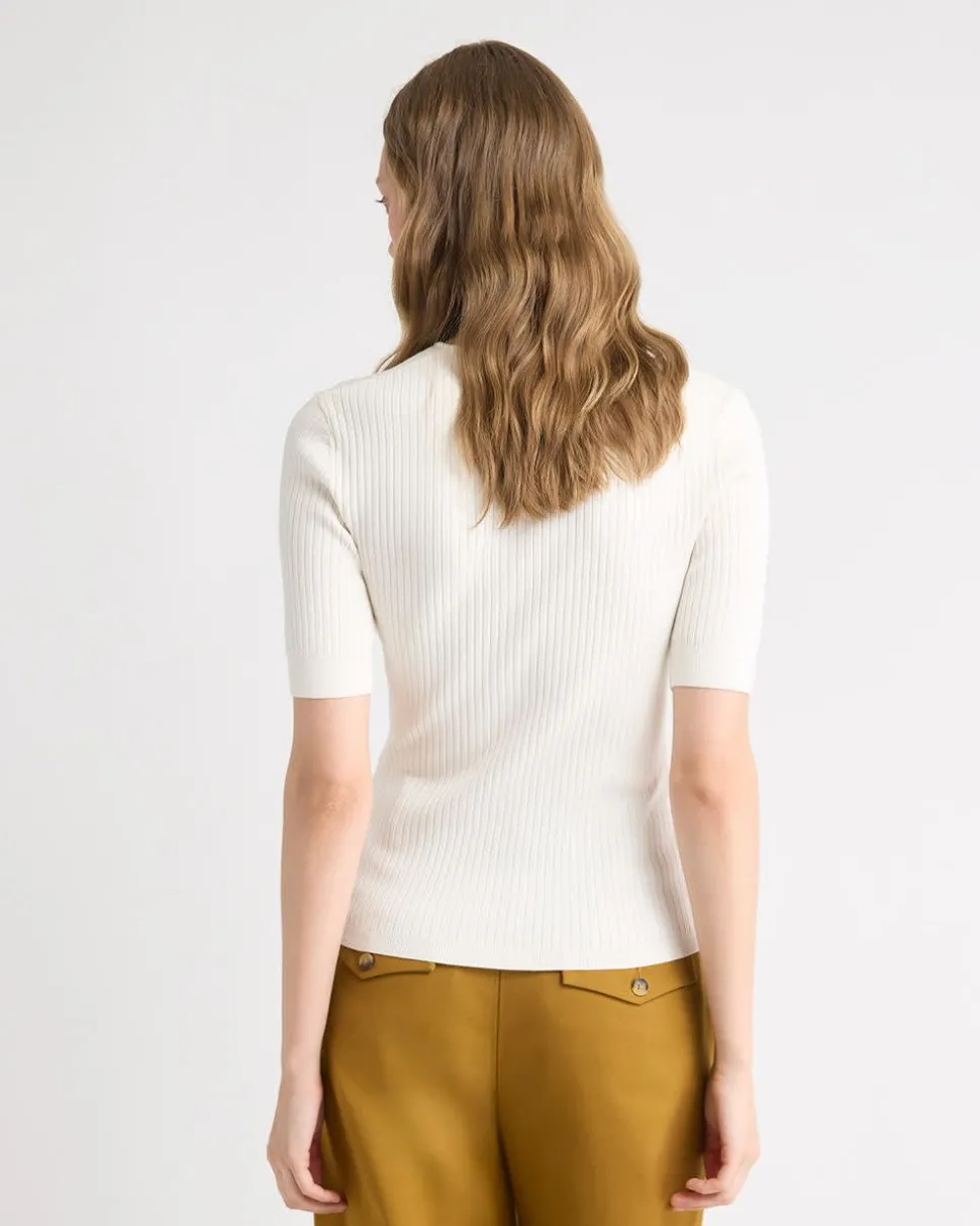 Split-Neck Elbow-Sleeve Ribbed Sweater