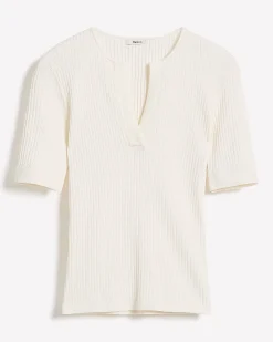 Split-Neck Elbow-Sleeve Ribbed Sweater