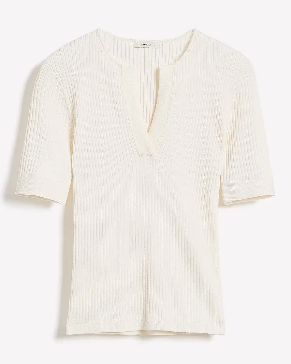 Split-Neck Elbow-Sleeve Ribbed Sweater