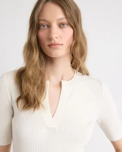 Split-Neck Elbow-Sleeve Ribbed Sweater