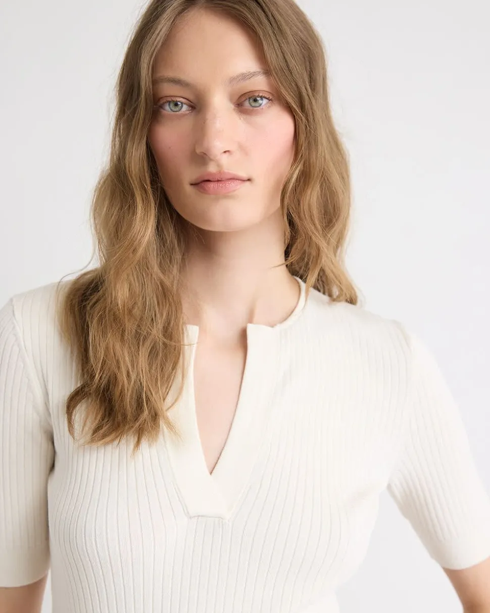Split-Neck Elbow-Sleeve Ribbed Sweater