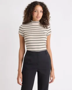 Striped Cap-Sleeve Mock-Neck Top