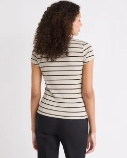 Striped Cap-Sleeve Mock-Neck Top