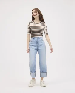 Striped Elbow-Sleeve Crew-Neck Fitted Tee