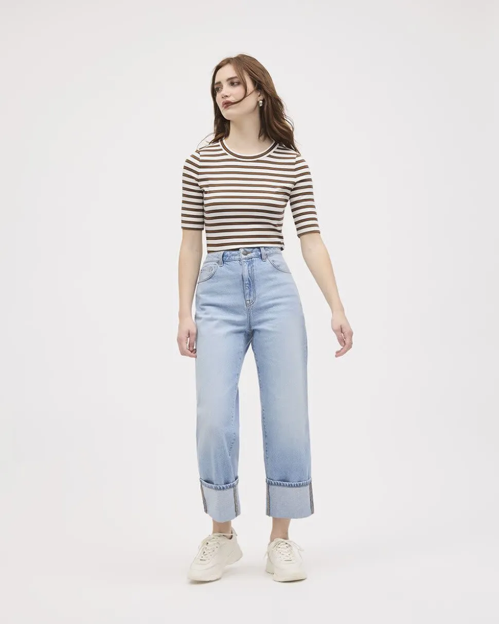 Striped Elbow-Sleeve Crew-Neck Fitted Tee