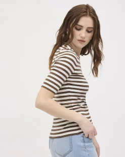 Striped Elbow-Sleeve Crew-Neck Fitted Tee