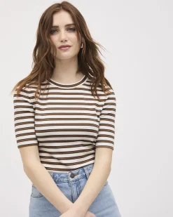 Striped Elbow-Sleeve Crew-Neck Fitted Tee