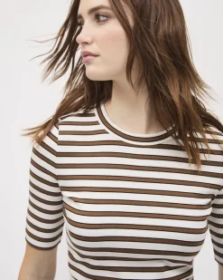 Striped Elbow-Sleeve Crew-Neck Fitted Tee