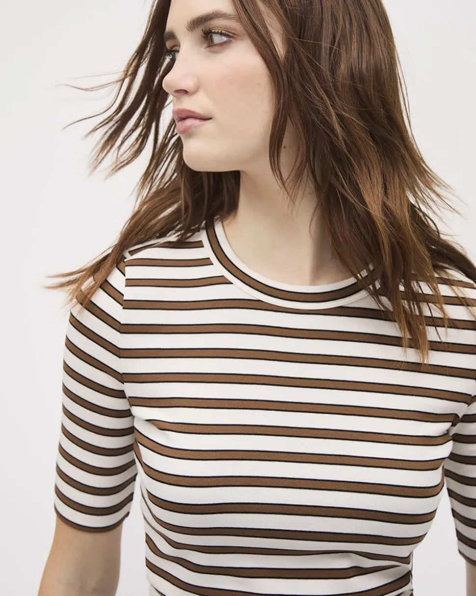 Striped Elbow-Sleeve Crew-Neck Fitted Tee