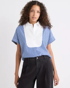 Striped Extended-Sleeve Poplin Bib Blouse with Shirt Collar