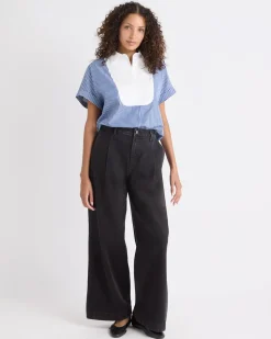 Striped Extended-Sleeve Poplin Bib Blouse with Shirt Collar