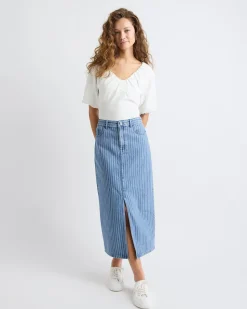 Striped High-Rise Denim Maxi Skirt