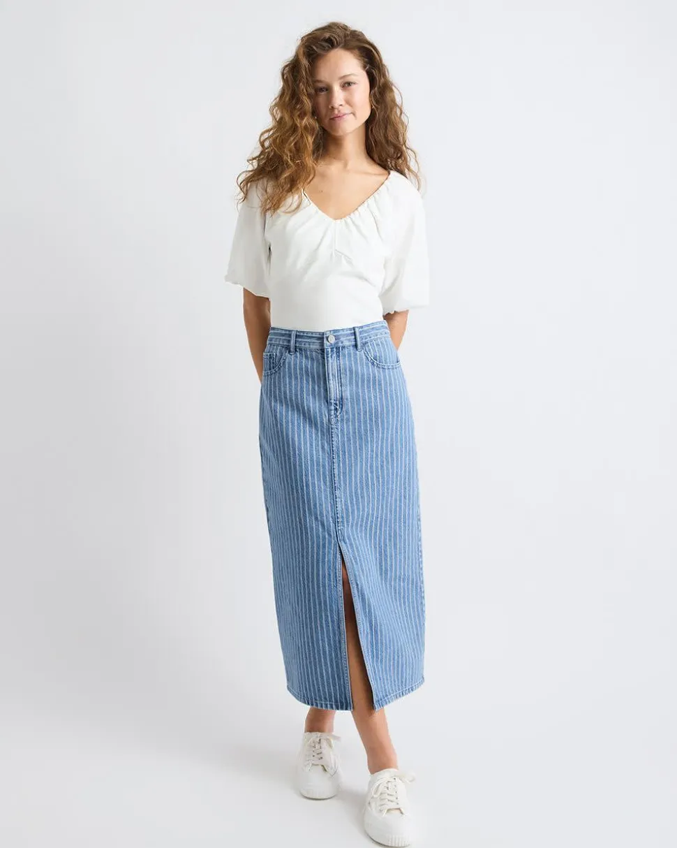 Striped High-Rise Denim Maxi Skirt