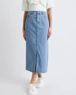 Striped High-Rise Denim Maxi Skirt