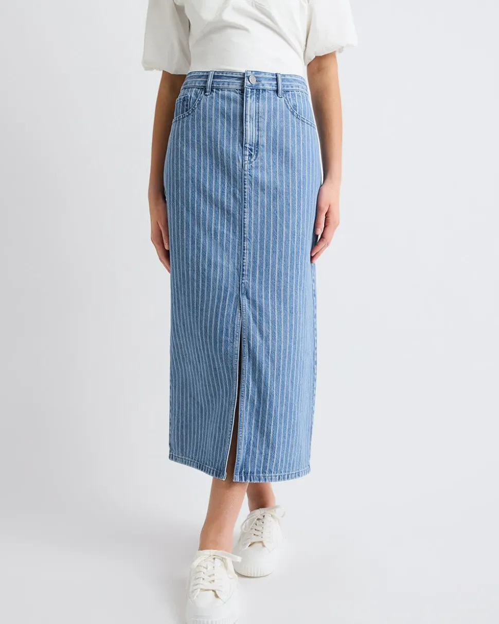 Striped High-Rise Denim Maxi Skirt