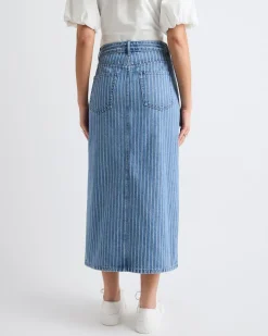 Striped High-Rise Denim Maxi Skirt