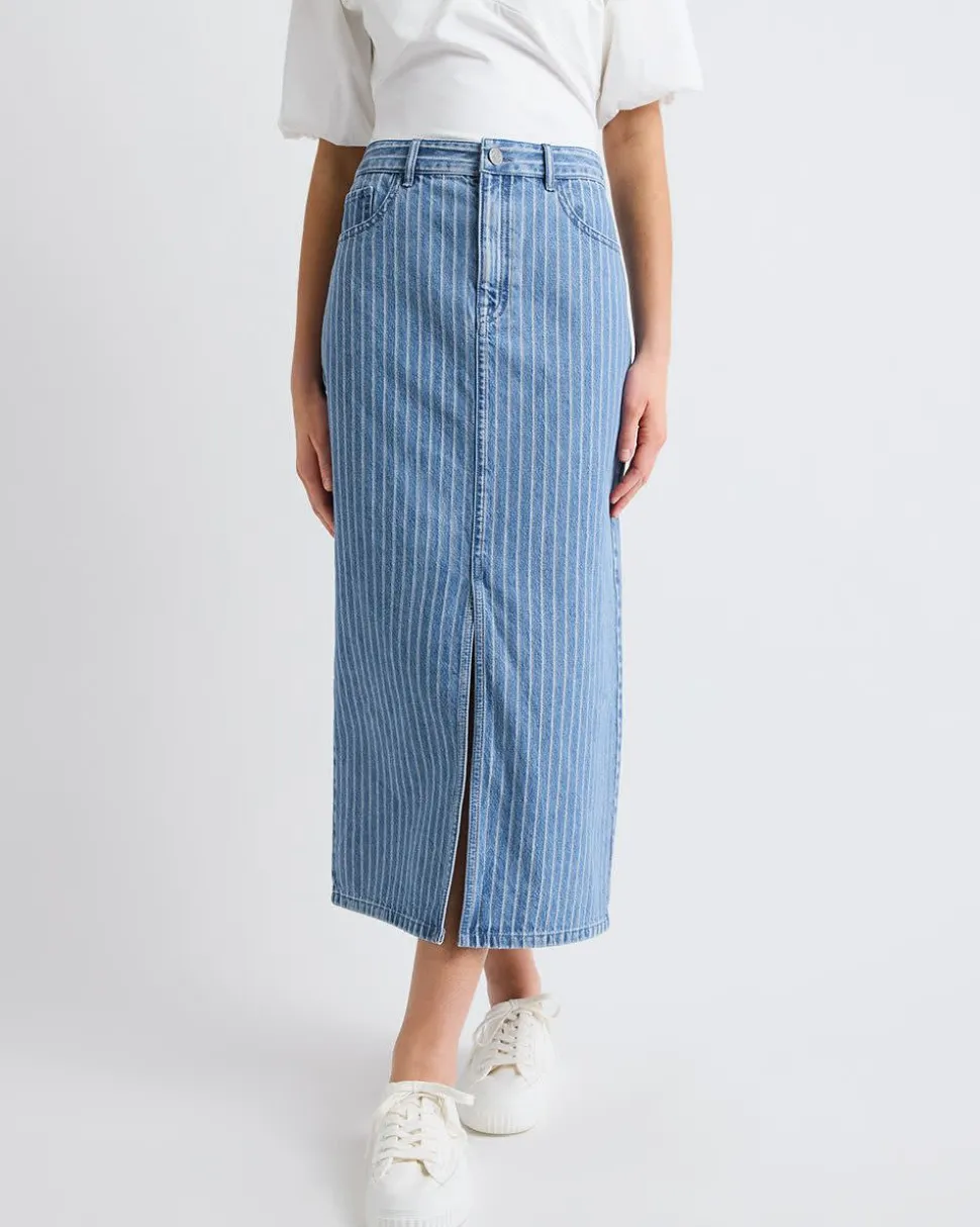 Striped High-Rise Denim Maxi Skirt