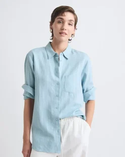 Striped Long-Sleeve Buttoned-Down Linen Blouse