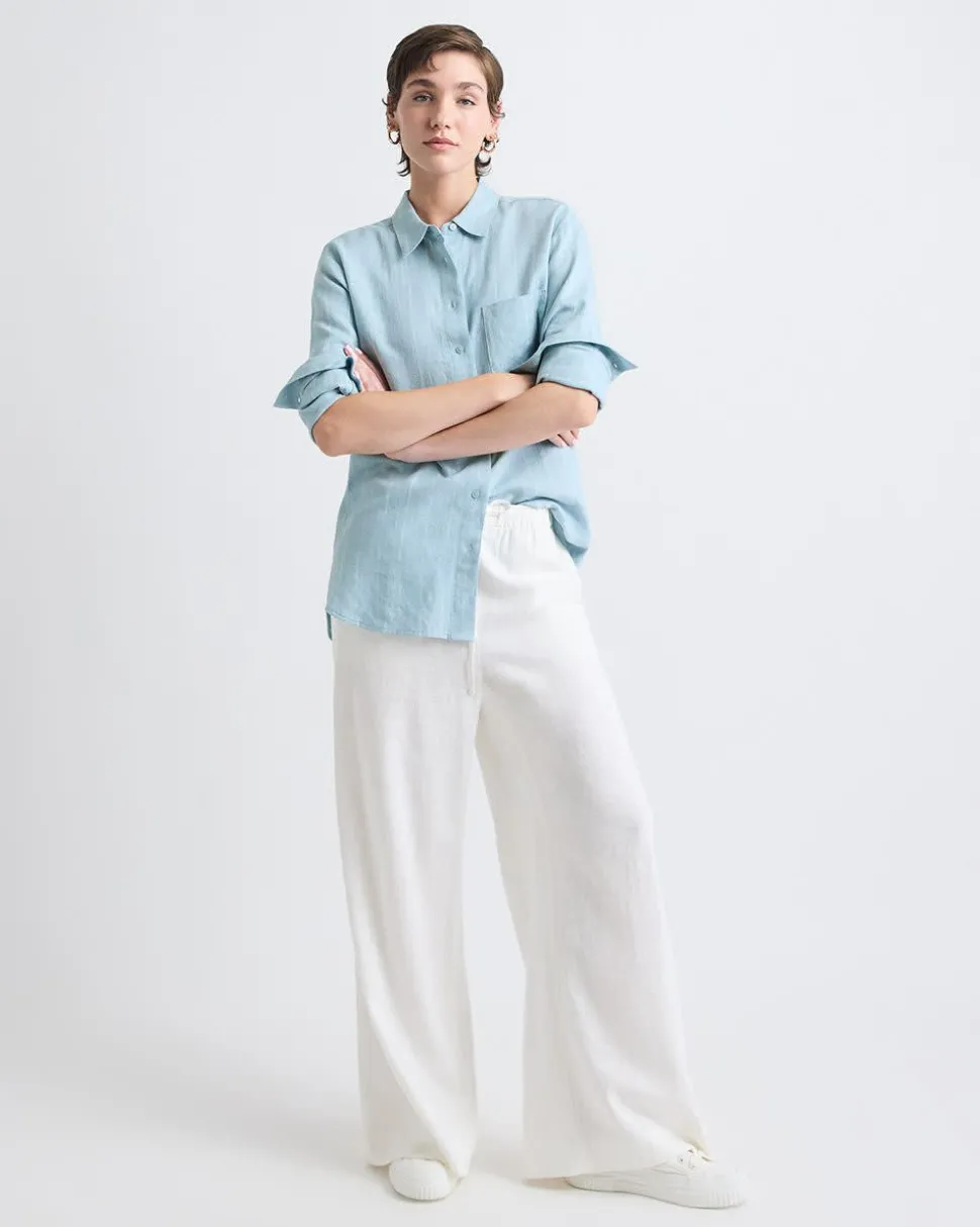 Striped Long-Sleeve Buttoned-Down Linen Blouse