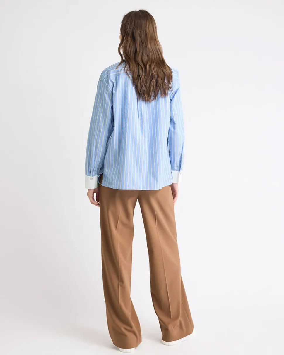 Striped Long-Sleeve Buttoned-Down Poplin Blouse with Contrasting Details