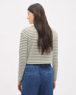 Striped Long-Sleeve Crew-Neck Ribbed Buttoned-Down Top