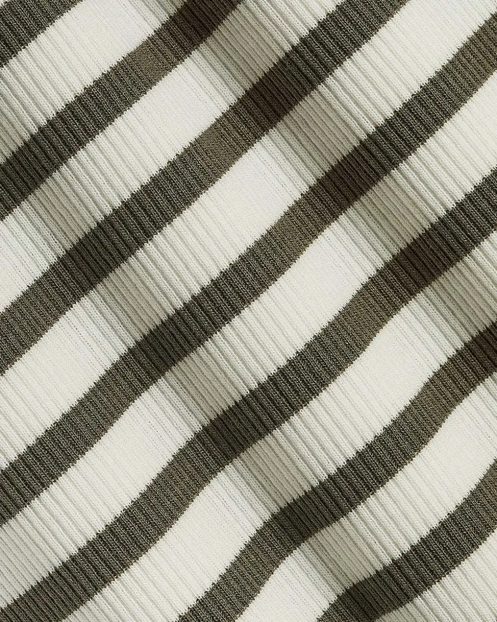 Striped Long-Sleeve Crew-Neck Ribbed Buttoned-Down Top