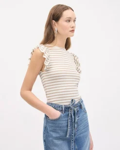 Striped Short-Flutter-Sleeve Crew-Neck Top