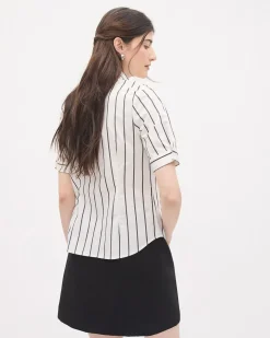 Striped Short-Sleeve Buttoned-Down Poplin Blouse