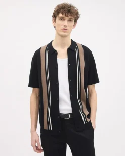 Striped Short-Sleeve Buttoned-Down Sweater with Shirt Collar