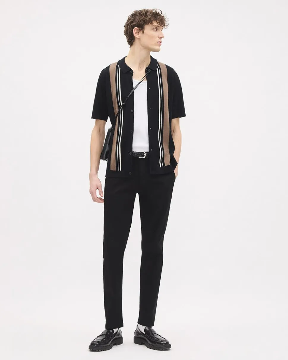 Striped Short-Sleeve Buttoned-Down Sweater with Shirt Collar