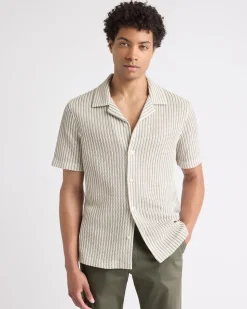 Striped Short-Sleeve Crochet Shirt with Camp Collar
